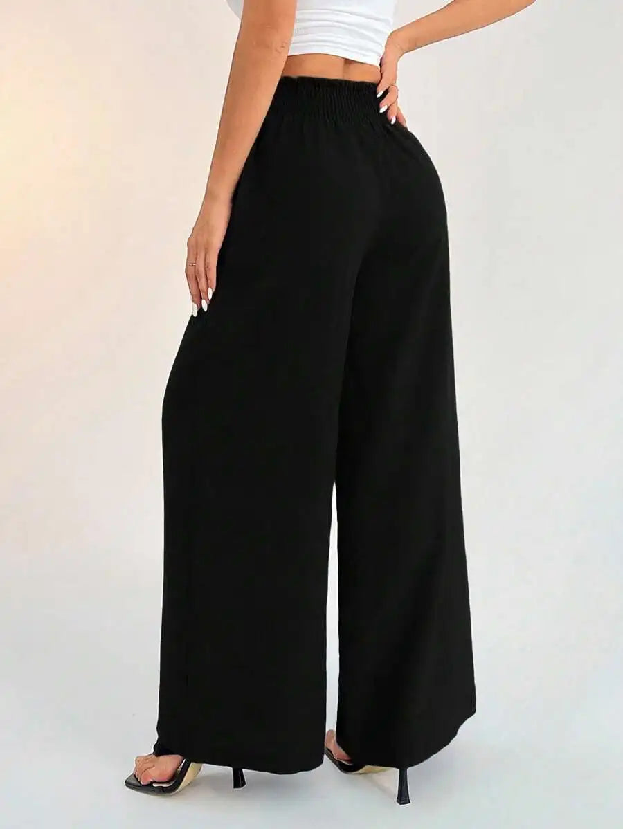 Cross-Border Women's Wide Leg Pants Elastic Pure Color Loose Fit Trousers Fresh Sweet Style Polyester Fabric Casual Pants