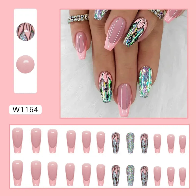 New Short Ballet 24 Pcs Fake Nail with Jelly sticker Press on False Nails Wearable Round Head Oval Full Cover Nail Tips