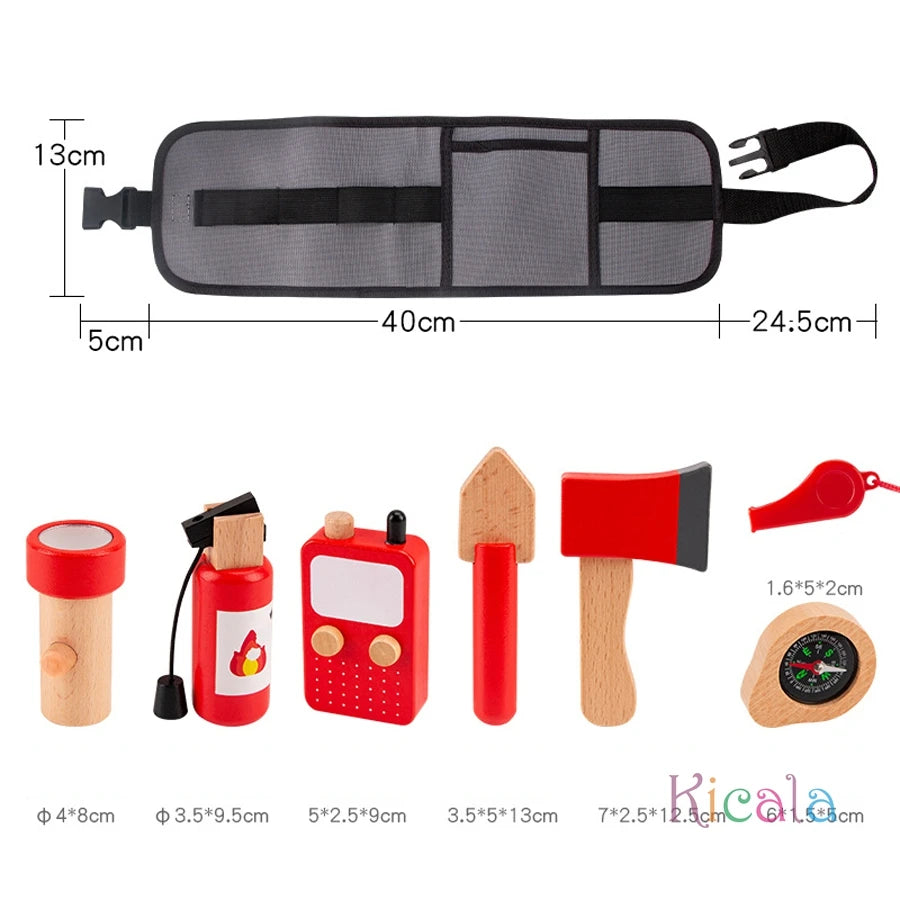 Kids Pretend Play Toy Tool Role Playing Educational Toys 3-6 Boys Wooden Simulation Repairman Firefighter Waist Bag Set Gifts