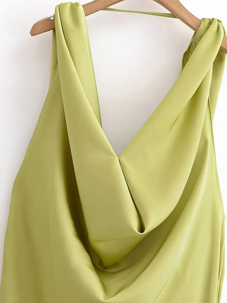 Elegant Pleated Backless Split Long Dress Women Sleeveless High Waist Green 2025 Summer New Holiday Party Dresses Street Robe