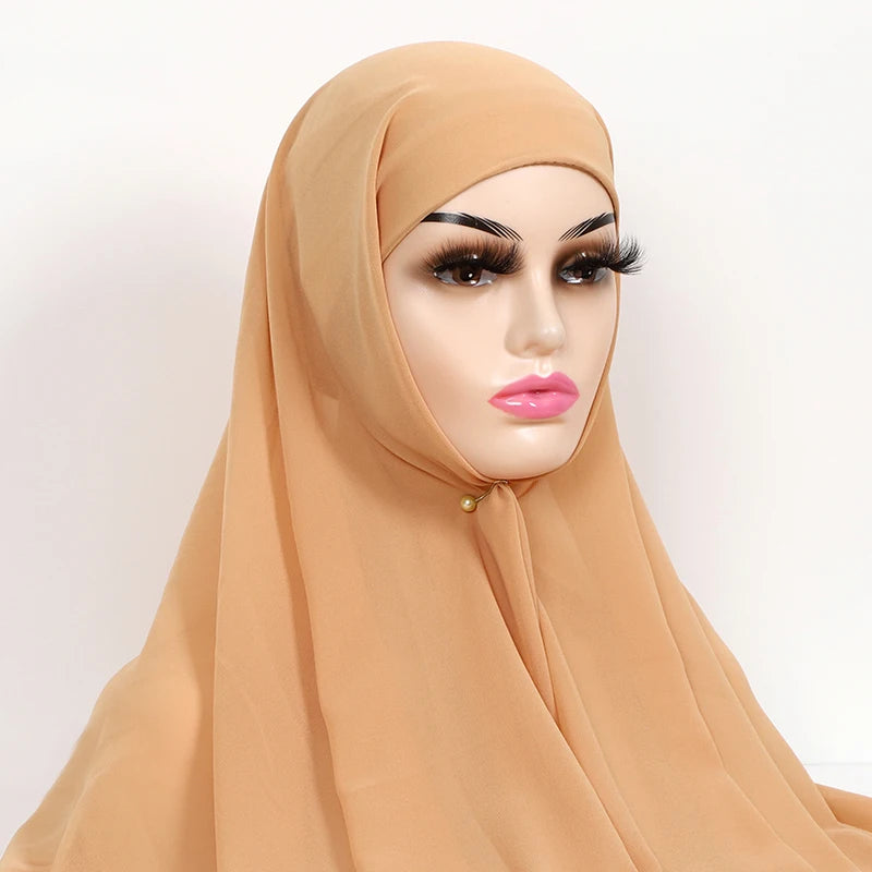 Muslim Women Chiffon Hijab With Cap Bonnet Instant Chiffon Hijab Pinles Shawl Head Scarf Under scarf Caps Cover Headwrap