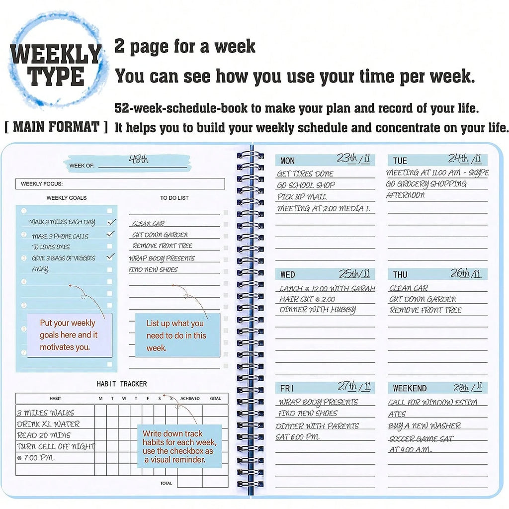 52 Weeks Weekly Planner Notebook A5 Undated Spiral Agenda Daily Student Schedules Journal Stationery Office School Supplies