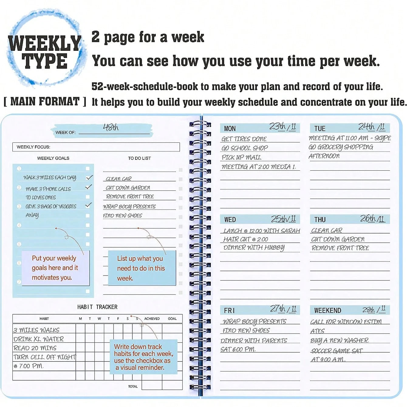 52 Weeks Weekly Planner Notebook A5 Undated Spiral Agenda Daily Student Schedules Journal Stationery Office School Supplies