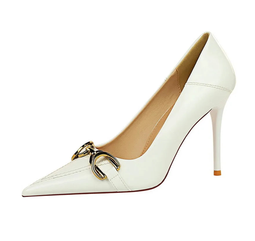 Red White Metal Buckle Wedding Shoes Women 2026 New Patent Leather Shallow High Heels Pumps Fashion Pointy Toe Party Shoes Woman