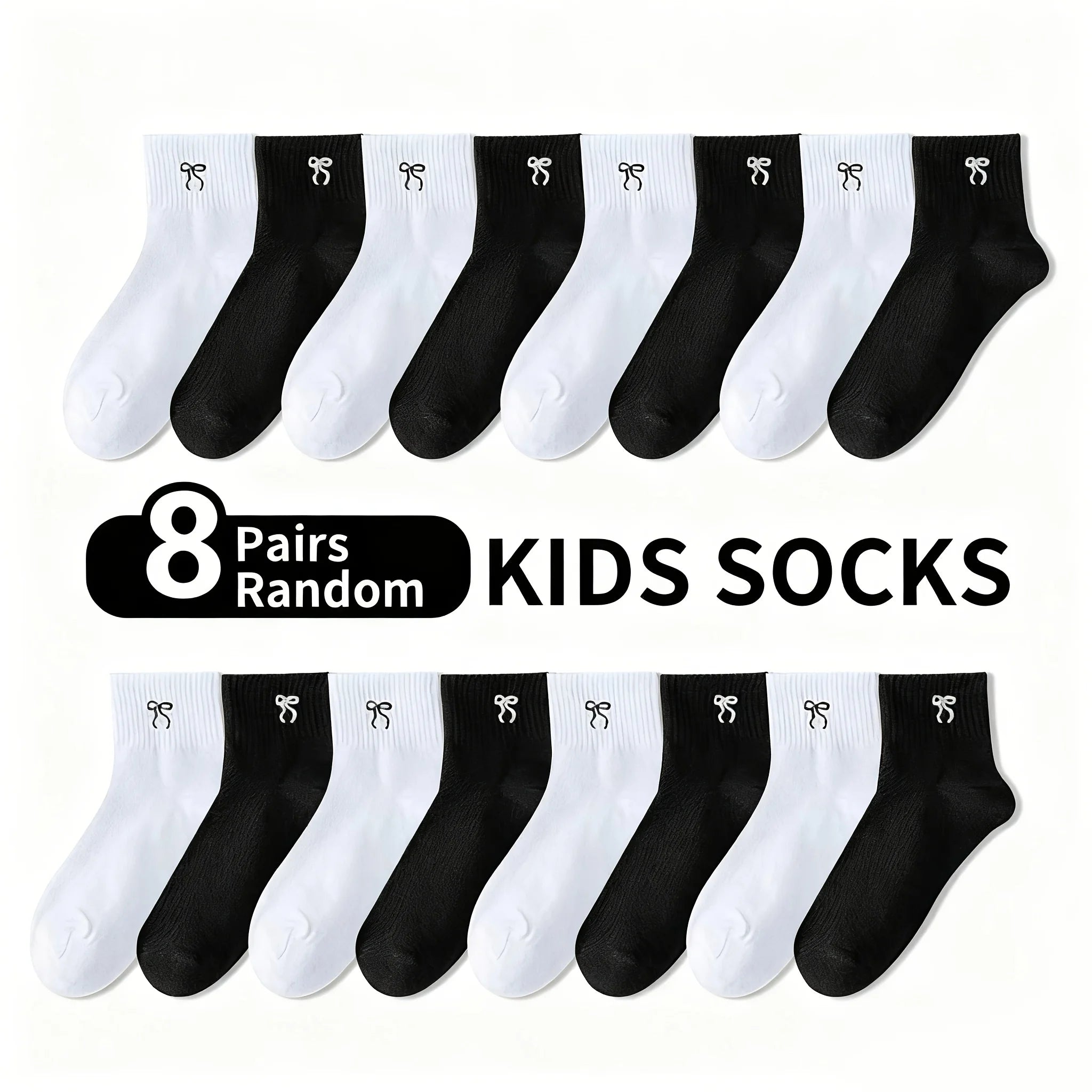 8 Pairs of Socks in Random Mixed Colors, Simple Solid Color Children's Socks, Trendy and Versatile Mid-Calf Socks with Bow Pattern, Suitable for Casual Daily Life