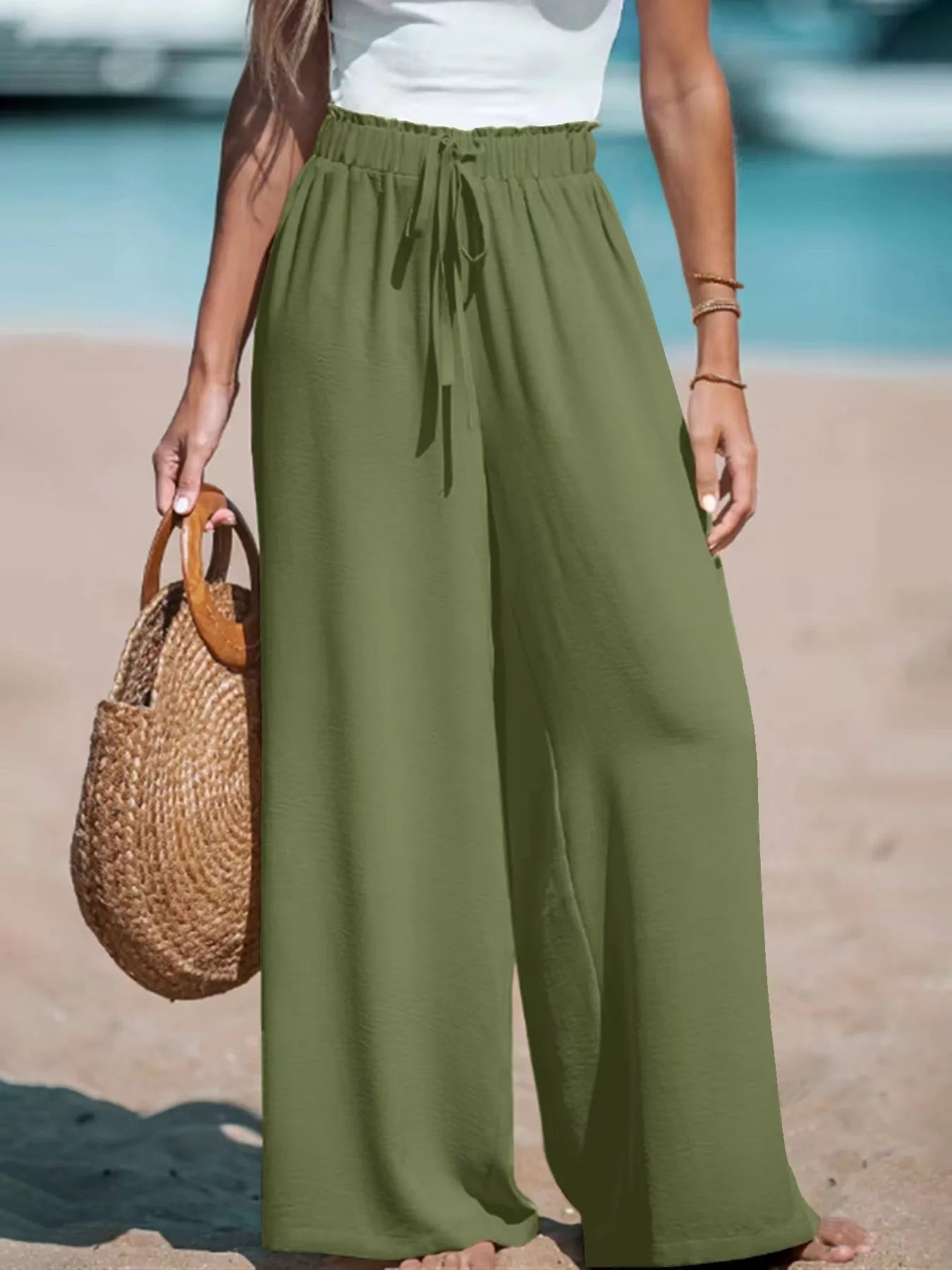 Vacation Style Cotton Linen Wide Leg Pants Women's High Waist Elasto Drawstring Design Loose Dipping Sense Straight Casual Beach