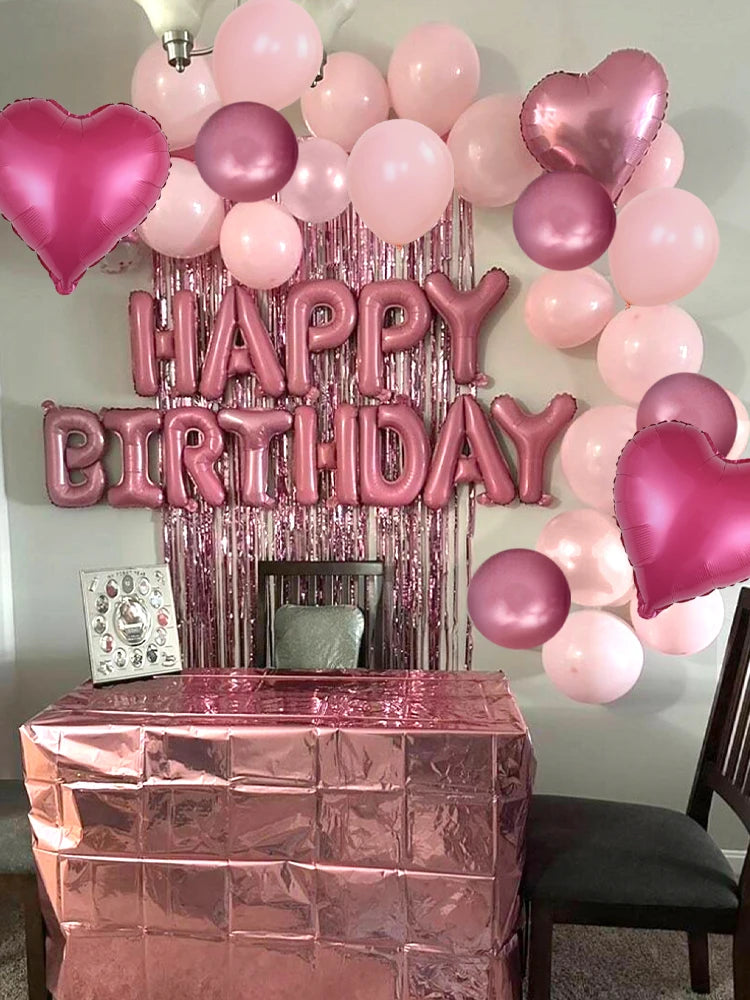 49pcs 16 inch pink happy birthday letter love aluminum film balloon set suitable for birthday party baby shower decoration