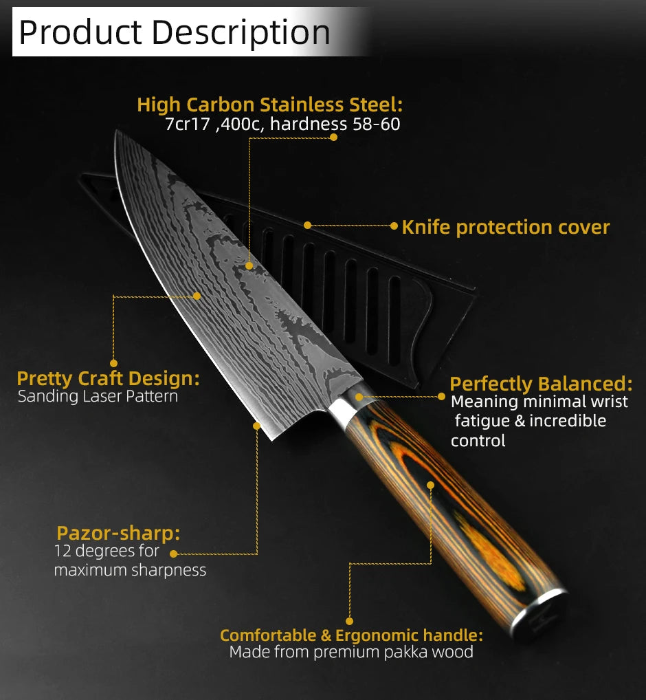 Kitchen Knife Chef Knives Japanese 7CR17 440C High Carbon Stainless Steel Imitation Damascus Sanding Laser Knife