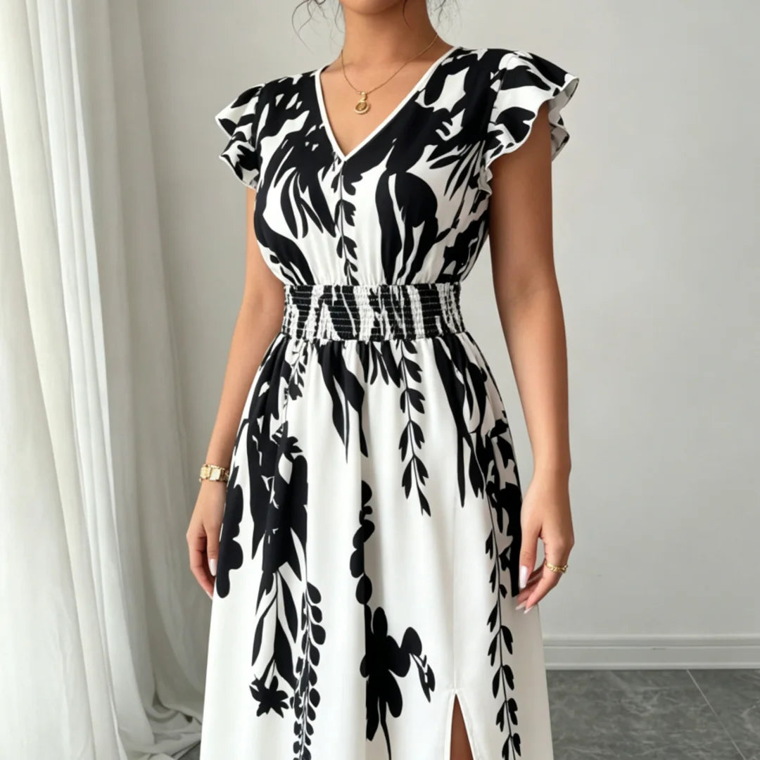 Plus Size Black White Floral Print Maxi Dress Women V-Neck Ruffle Sleeve Smocked Waist Slit Dress
