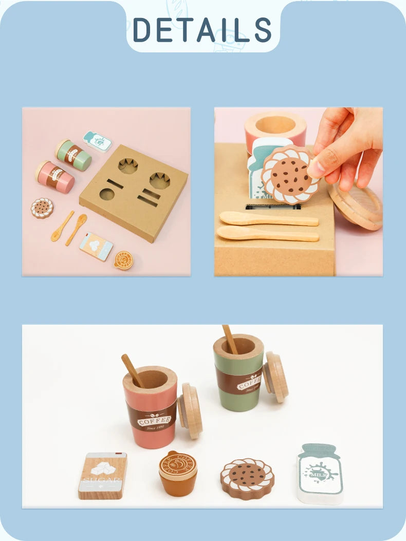 Kids Wooden Coffee Toy Set Toddler Pretend Play Kitchen Accessories Gift for Children House Play Early Educational Toys for Kids