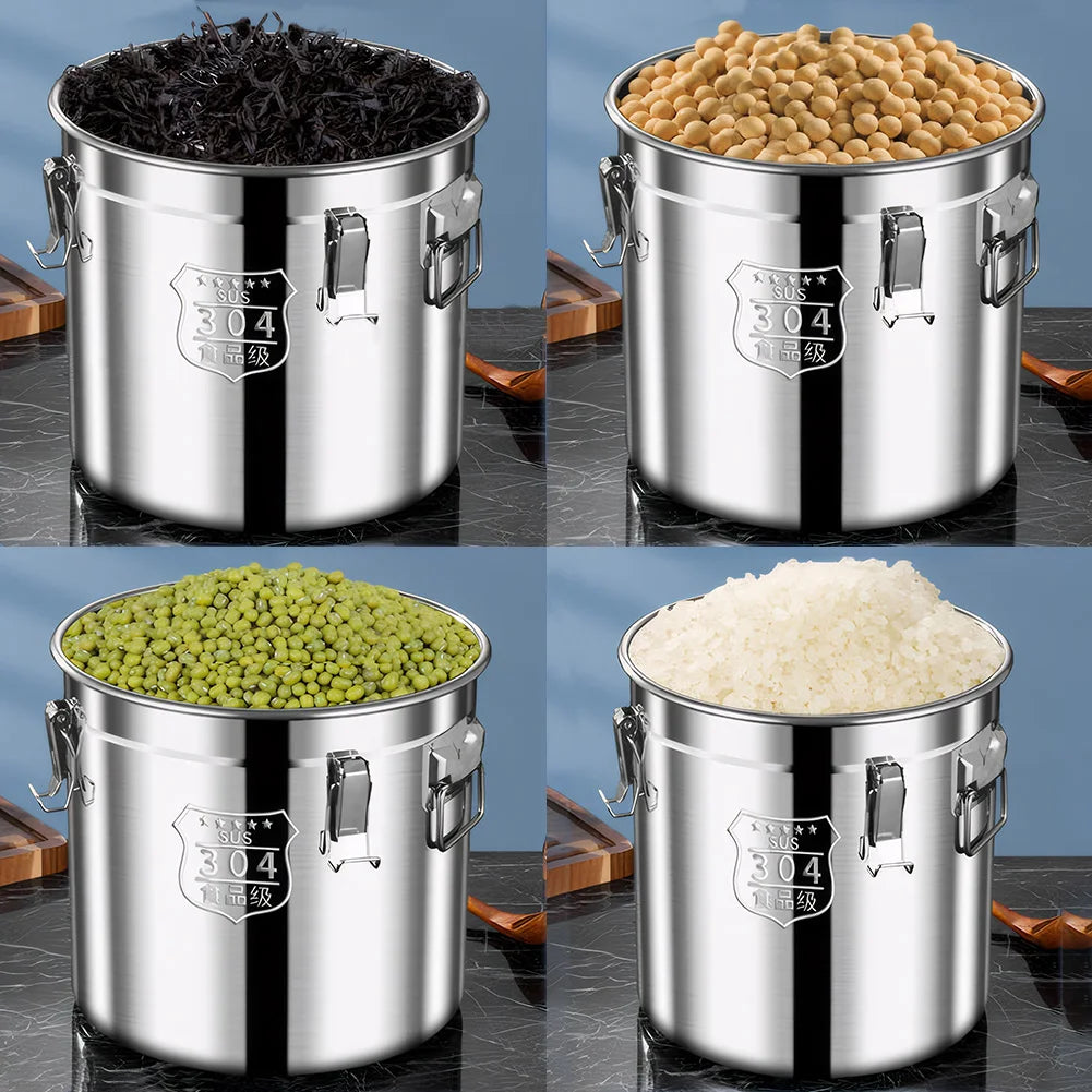 6/12/21/33L 304 Stainless Steel Airtight Canister with Locking Clamp for Rice Grain Oil Sugar Storage Bucket Kitchen Container