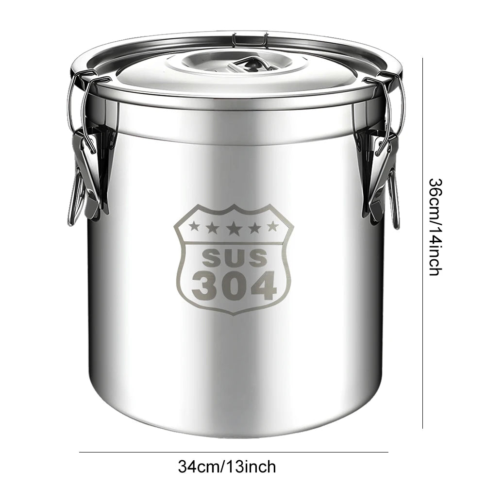 6/12/21/33L 304 Stainless Steel Airtight Canister with Locking Clamp for Rice Grain Oil Sugar Storage Bucket Kitchen Container