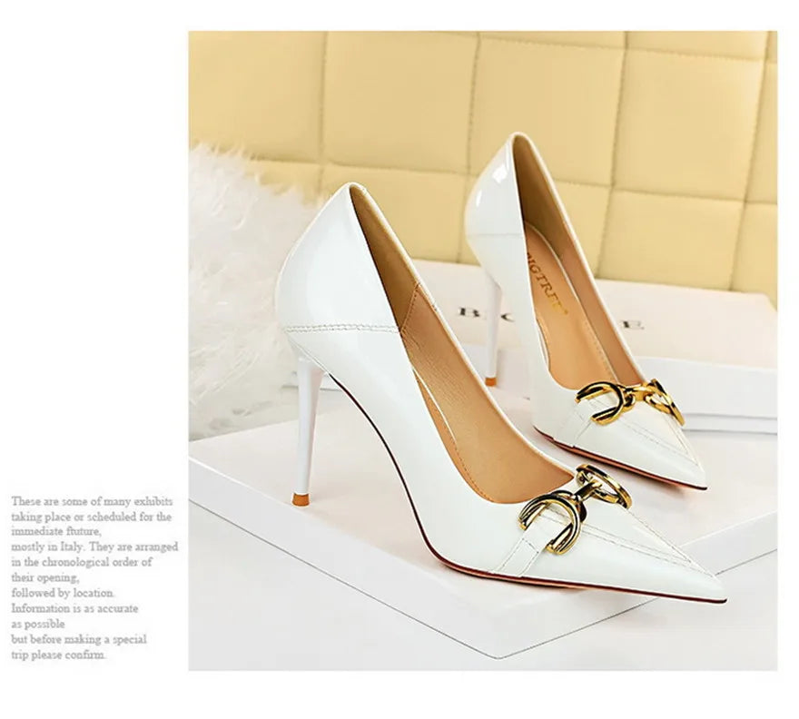 Red White Metal Buckle Wedding Shoes Women 2026 New Patent Leather Shallow High Heels Pumps Fashion Pointy Toe Party Shoes Woman