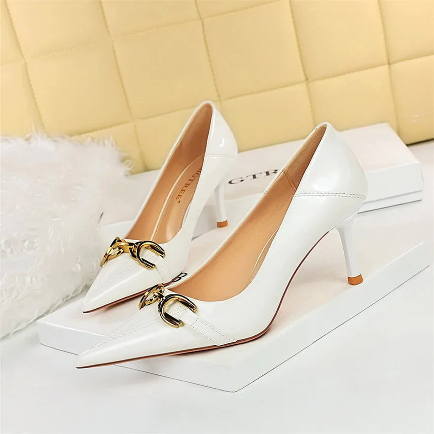 Red White Metal Buckle Wedding Shoes Women 2026 New Patent Leather Shallow High Heels Pumps Fashion Pointy Toe Party Shoes Woman
