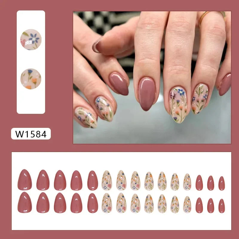 New Short Ballet 24 Pcs Fake Nail with Jelly sticker Press on False Nails Wearable Round Head Oval Full Cover Nail Tips