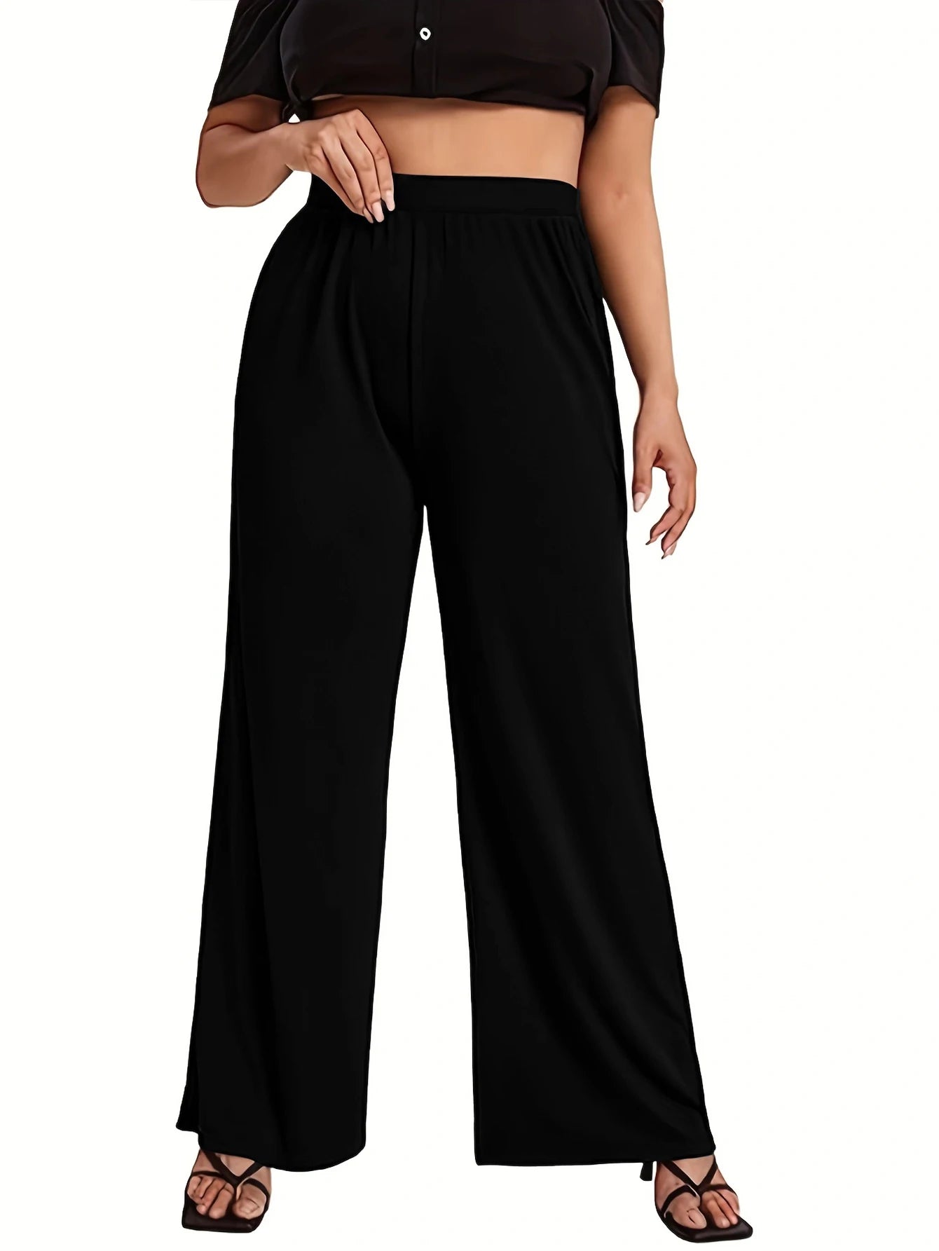  2025 Trendy Classy Wide Leg Pants Women Solid Black Regular Waist Comfortable Slimming Office Daily Wear 