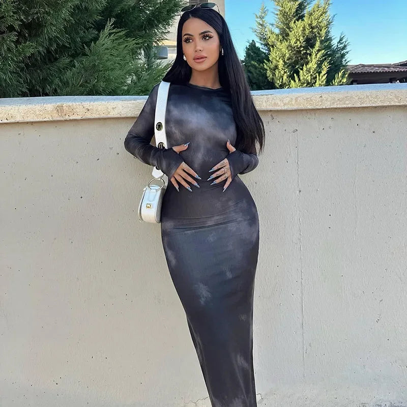 Women's Summer Long Dress Elegant O Neck Long Sleeve Evening Dress Women Fashion Tie-dye Street Vacation Party Club Long Dresses
