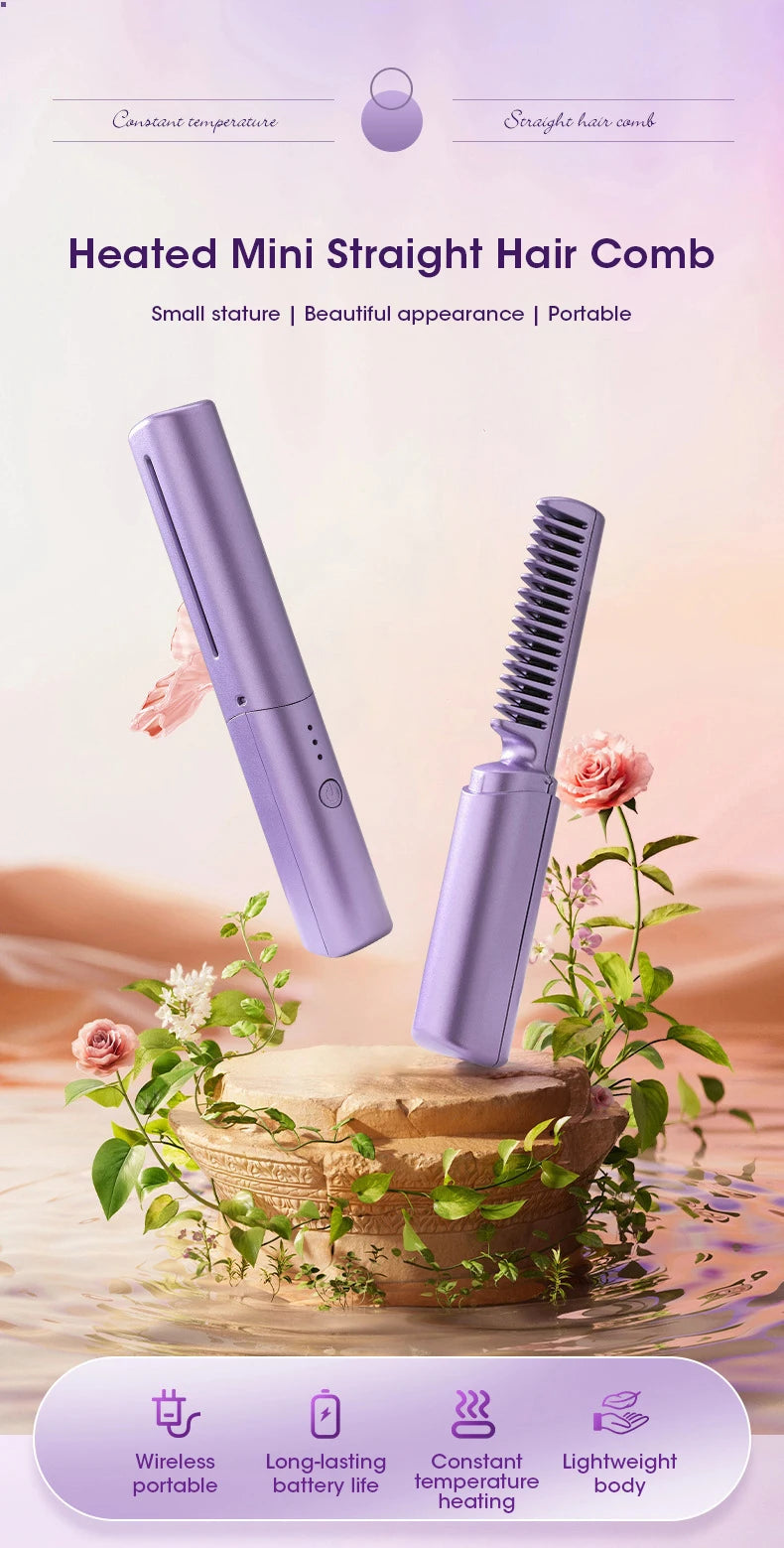 Wireless Hair Straightener and Curler Comb for Women USB Rechargeable Anti-Scald Portable Hair Brush for Home and Travel