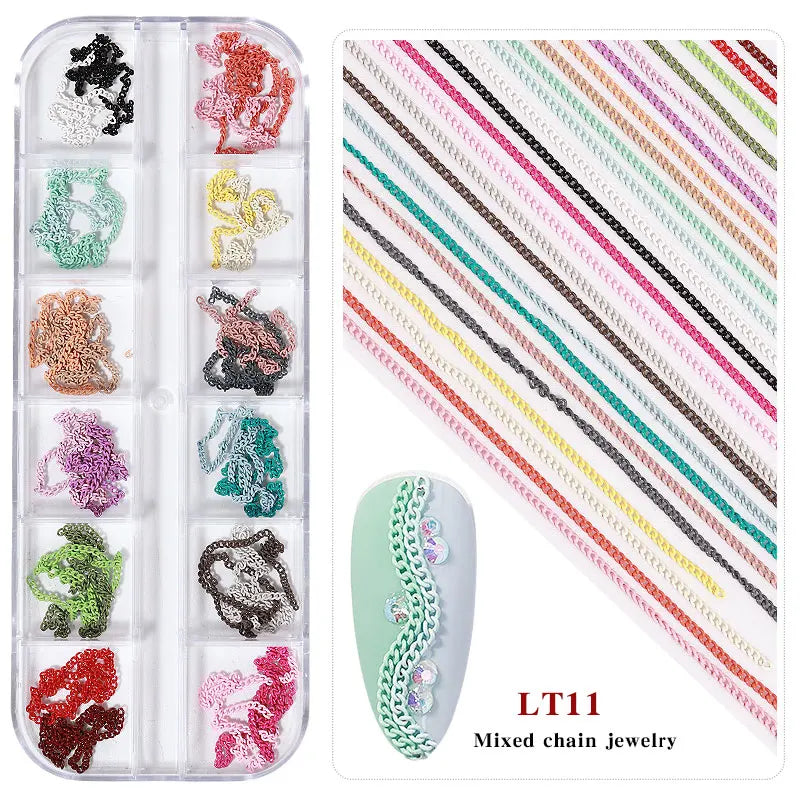 Misscheering 12 Grid Mixed Style Nail Chain Jewelry For DIY Art Decoration Fashion Metal Nails Accessories For Manicure Design