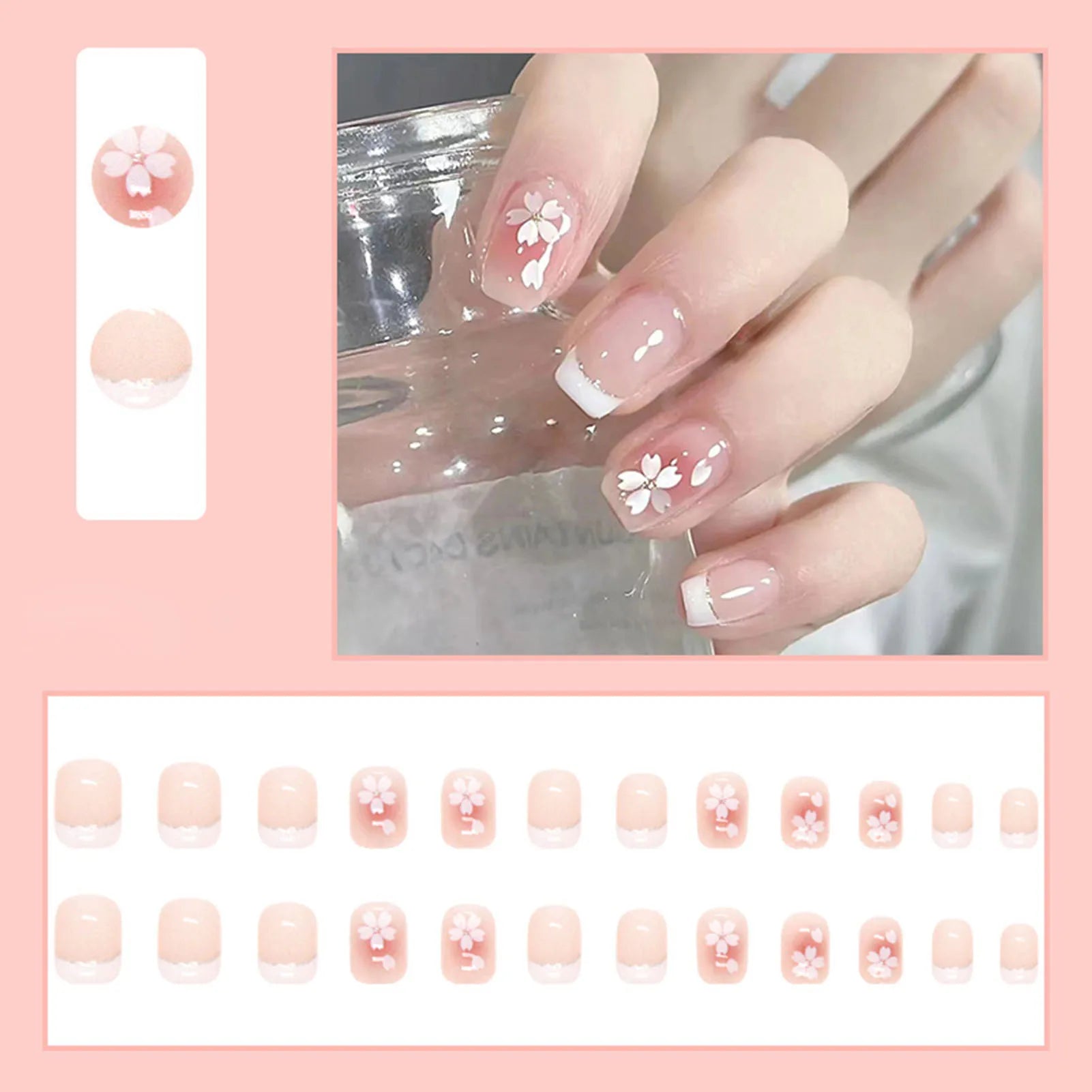 24pcs Blush Pink Press On Nails White French Style Short Square False Nail Tips Camellia Flower Design Sweet Cool Fake Nail Tips