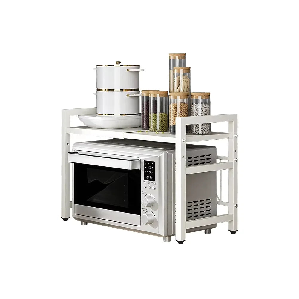 Adjustable Space-Saving Microwave Rack – 100kg Capacity, Kitchen Shelf with Hooks & Storage Organizer (Black)