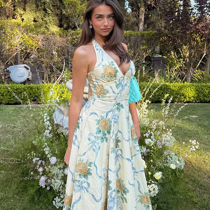 Elegant Print Halter Long Dress Women Sleeveless Backless Pleated A-line Holiday Dresses 2025 Summer Lady Slim Floral Beach Robe