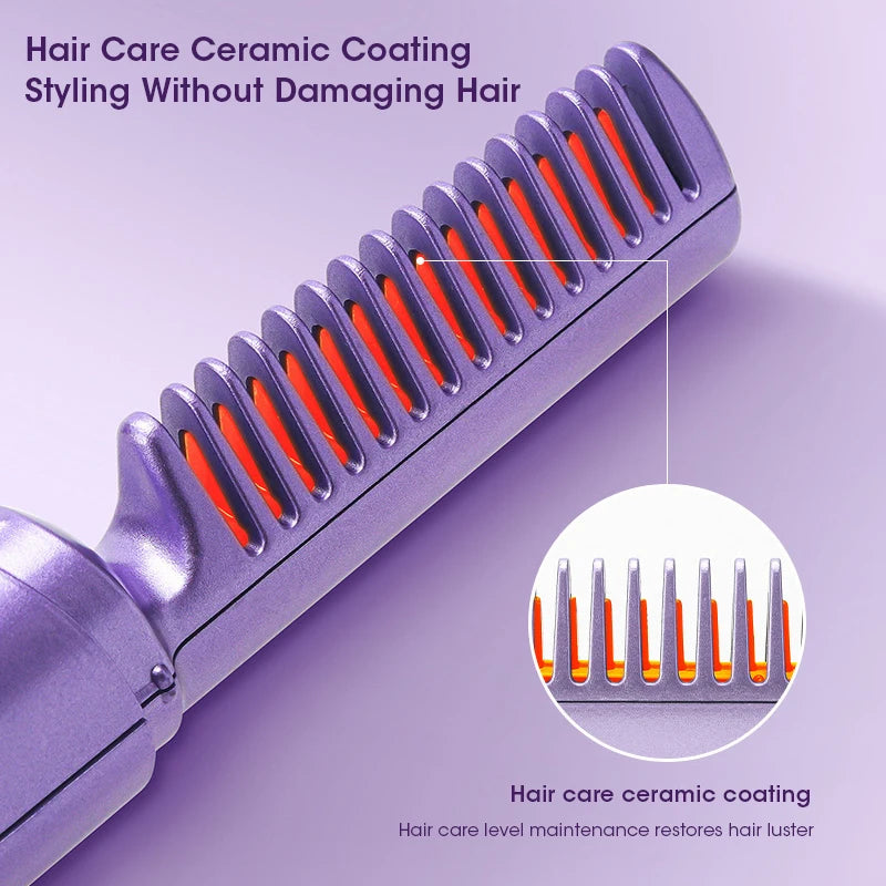 Wireless Hair Straightener and Curler Comb for Women USB Rechargeable Anti-Scald Portable Hair Brush for Home and Travel