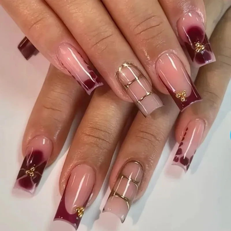 24Pcs Retro Flower Long Coffin French Fake Nails Caviar Bead Floral Gold Hollow Design Press On Nail Tips Y2k Acrylic 2030