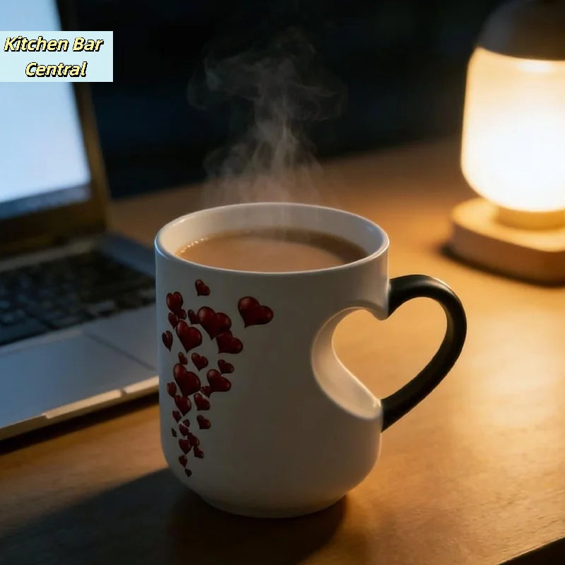 【Heart-Shaped Color Changing Magic Ceramic Mug Funny Color Changing Coffee Cup With Handle That Reveals Surprise Design】