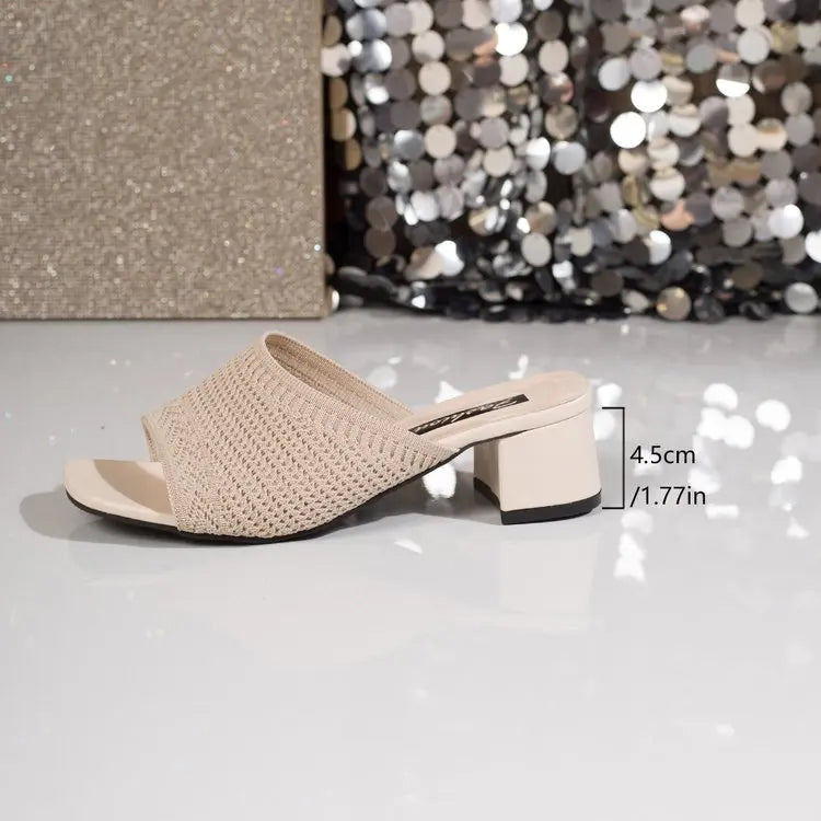 Summer Plus Size High Heel party Sandals Knitted Breathable Block Heel Sandals Fashion casual Brown Comfortable Women's Shoes