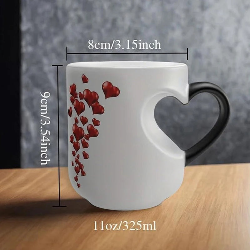 【Heart-Shaped Color Changing Magic Ceramic Mug Funny Color Changing Coffee Cup With Handle That Reveals Surprise Design】