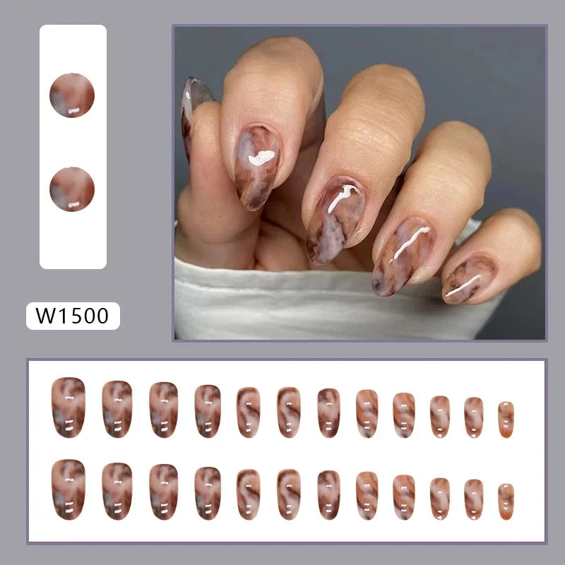 New Short Ballet 24 Pcs Fake Nail with Jelly sticker Press on False Nails Wearable Round Head Oval Full Cover Nail Tips