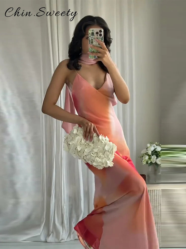 Elegant Tie Dye Printed Long Dress Women Ribbon V-neck Sleeveless Slim Sling Dresses 2025 Summer Lady Chic Beach Vacation Robes