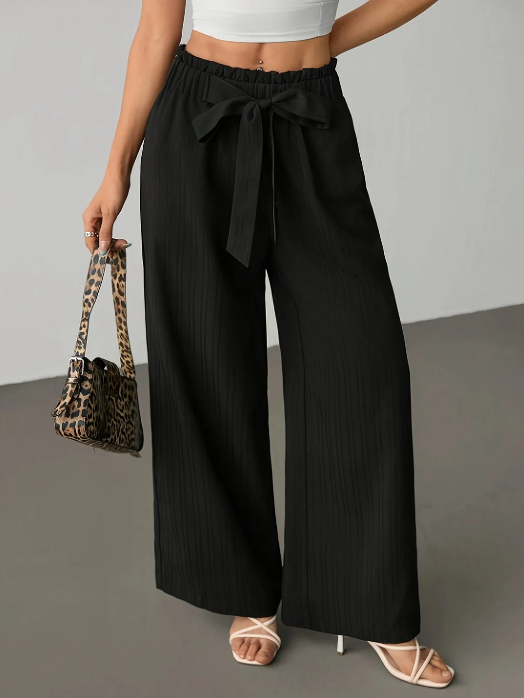 Women's Ruffled Waist Tie Wide-Leg Pants, Draped Striped Casual Trousers, High-Waisted Loose Straight Floor-Length Pants