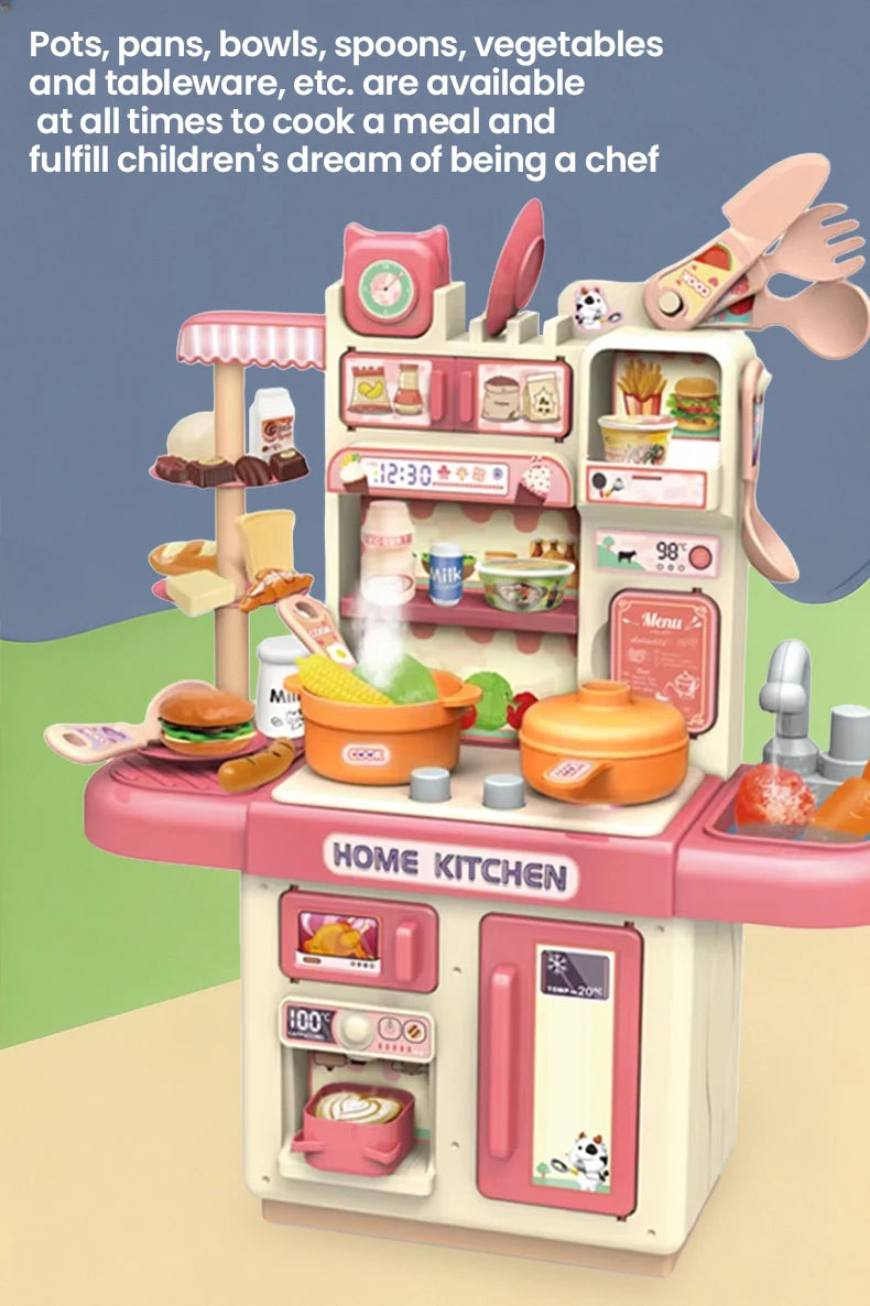 Kids Kitchen Play Set Water Spray Light Sound Electronic Stove Simulated Cooking Dining Table House Play Toy Gifts for Girls Boy