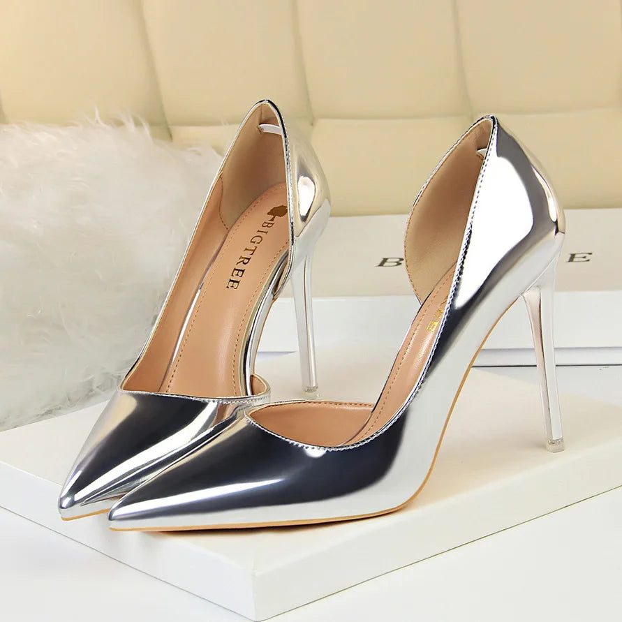 Women 10.5cm High Heels Pumps Lady Stripper Stiletto Metallic Leather Scarpins Wedding Heels Catwalk Party Silver Gold Shoes