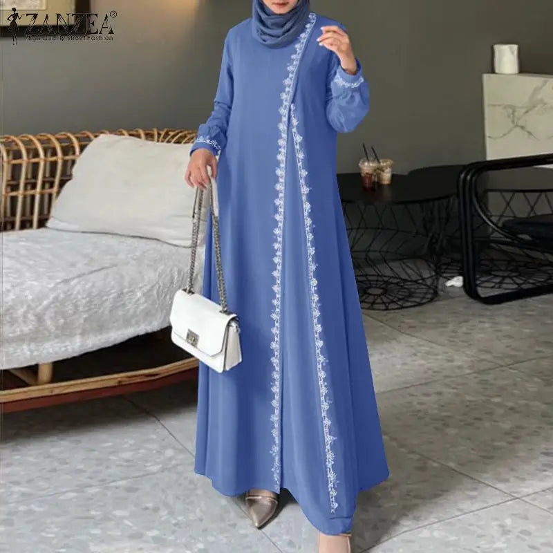 ZANZEA Autumn Women Long Sleeve O Neck Muslim Maxi Dress Kaftan Elegant Lace Crochet Loose Turkey Abaya Vestidos Islamic Dresses