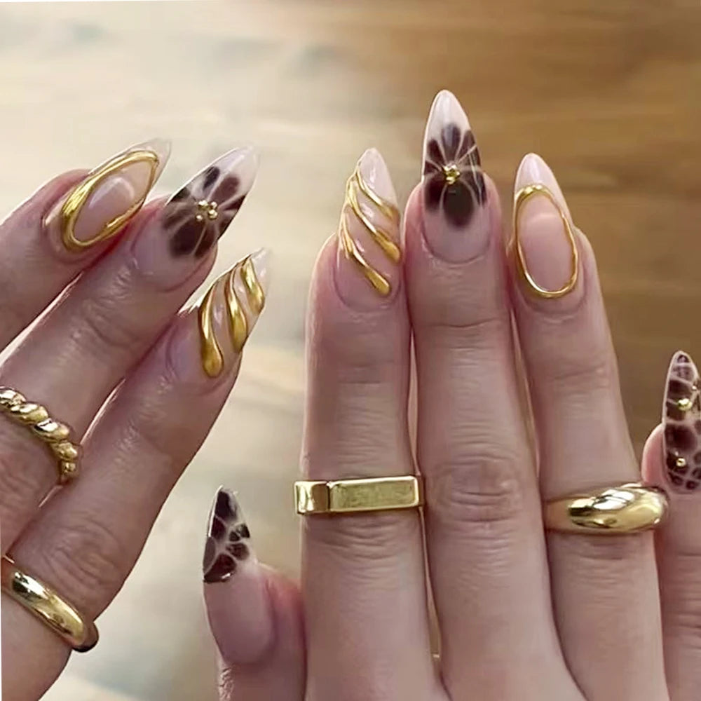24Pcs Retro Flower Long Coffin French Fake Nails Caviar Bead Floral Gold Hollow Design Press On Nail Tips Y2k Acrylic 2030