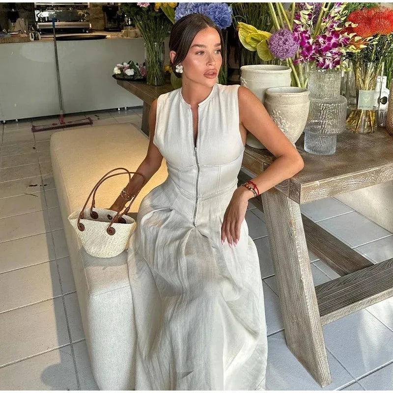 Fashion Sleeveless Spliced Zipper Long Dress Elegant V-neck High Waist Slim Pleated Maxi Dresses Summer Office Lady Street Robes