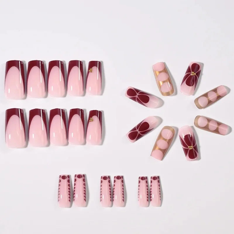 24Pcs Retro Flower Long Coffin French Fake Nails Caviar Bead Floral Gold Hollow Design Press On Nail Tips Y2k Acrylic 2030