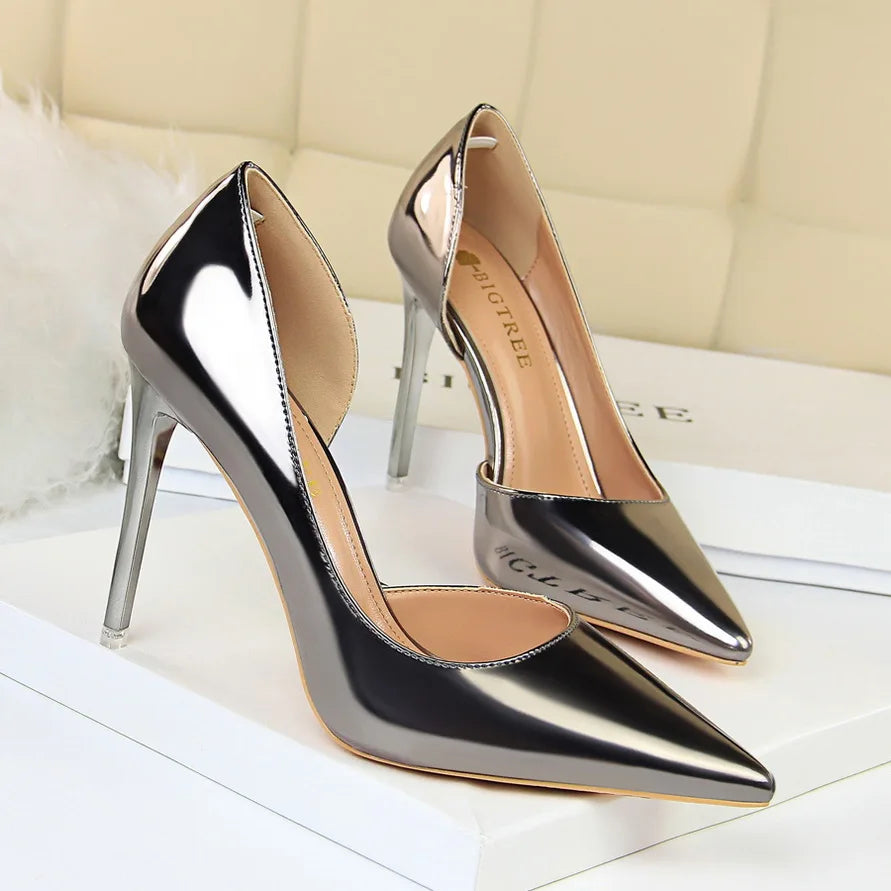 Women 10.5cm High Heels Pumps Lady Stripper Stiletto Metallic Leather Scarpins Wedding Heels Catwalk Party Silver Gold Shoes
