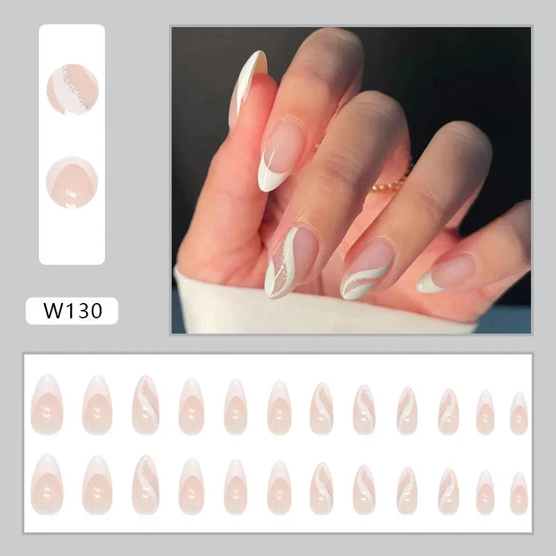 New Short Ballet 24 Pcs Fake Nail with Jelly sticker Press on False Nails Wearable Round Head Oval Full Cover Nail Tips