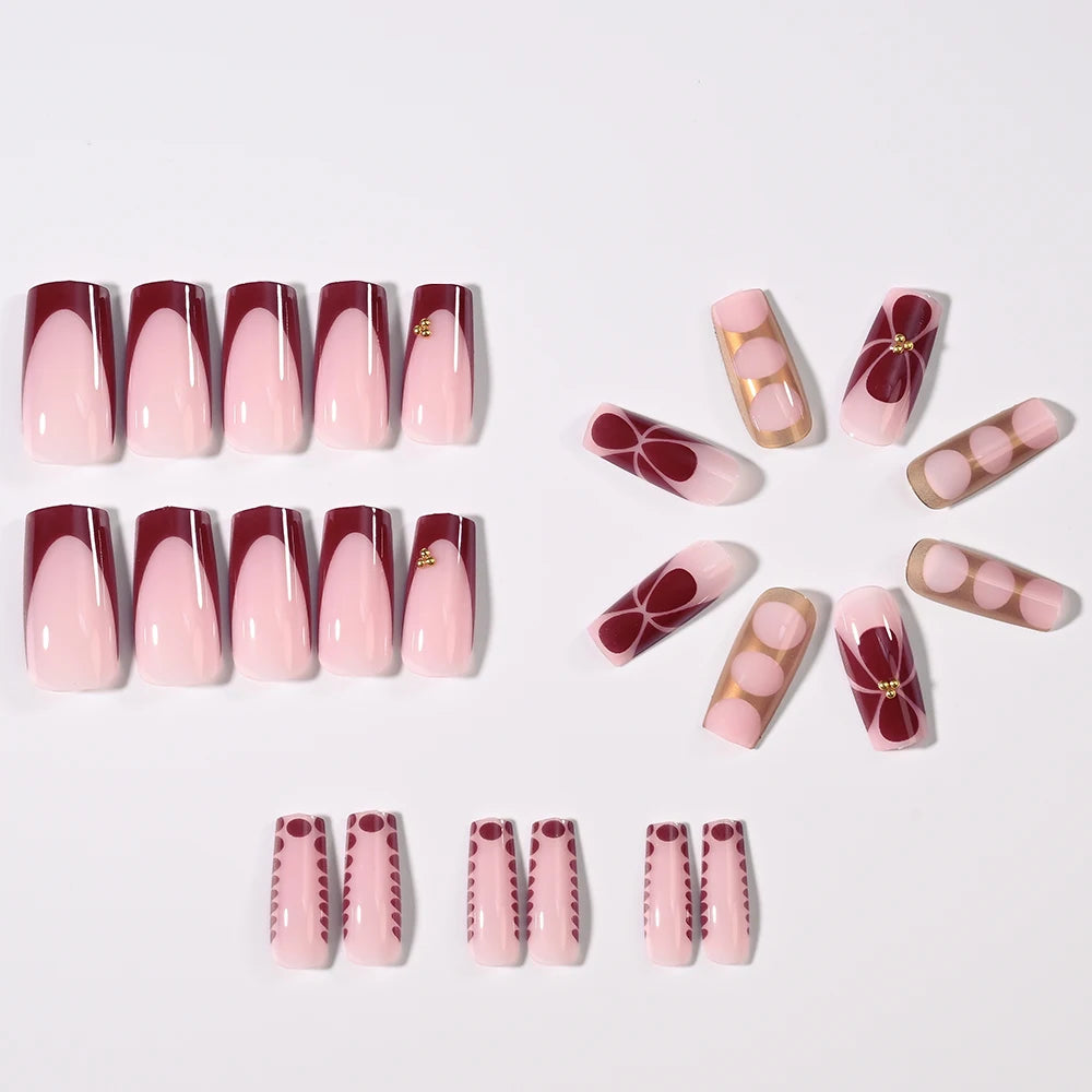 24Pcs Retro Flower Long Coffin French Fake Nails Caviar Bead Floral Gold Hollow Design Press On Nail Tips Y2k Acrylic 2030