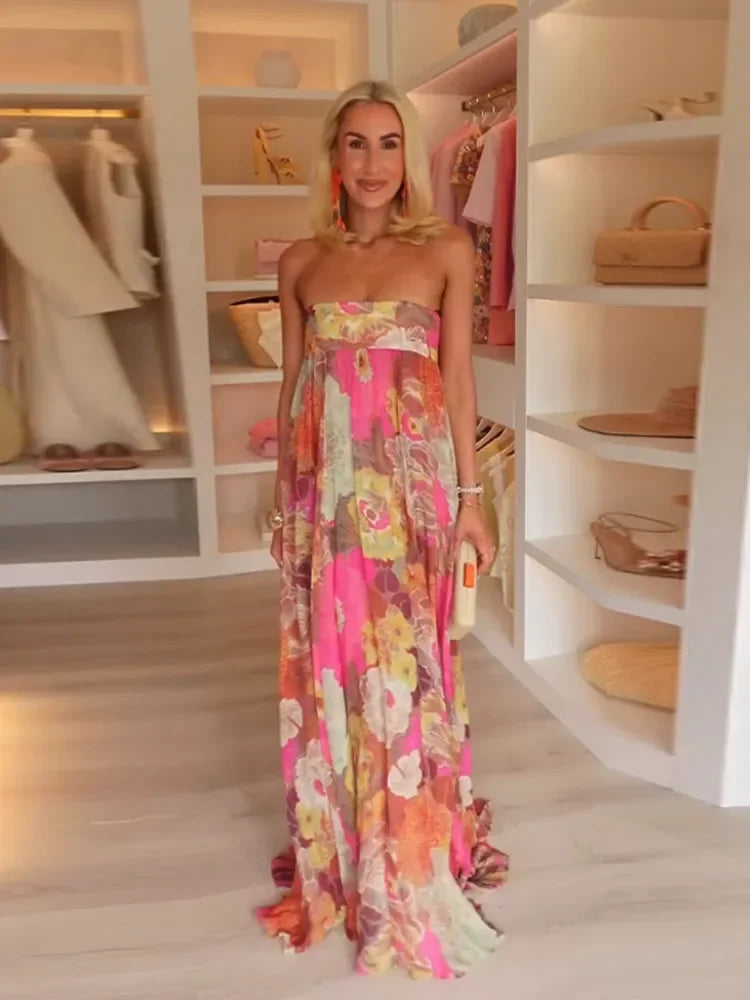 Printed Pleated Vacation Summer Long Dress Women Patchwork Sleeveless Backless Sexy Party Loose Zipper Robe Street Floor Dresses