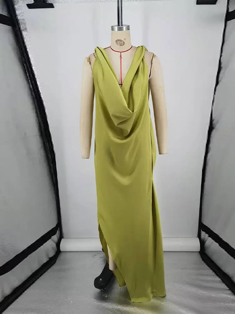 Elegant Pleated Backless Split Long Dress Women Sleeveless High Waist Green 2025 Summer New Holiday Party Dresses Street Robe