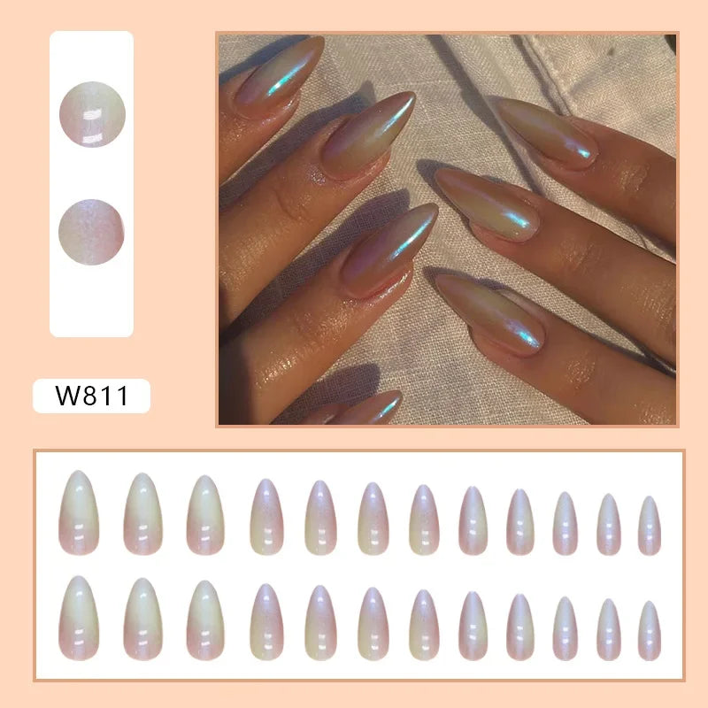 New Short Ballet 24 Pcs Fake Nail with Jelly sticker Press on False Nails Wearable Round Head Oval Full Cover Nail Tips