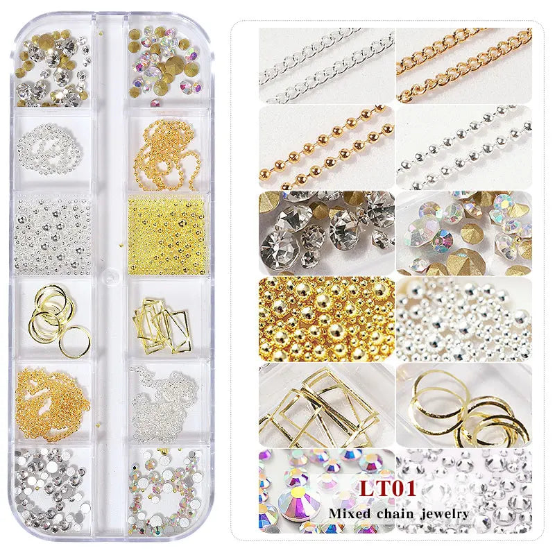 Misscheering 12 Grid Mixed Style Nail Chain Jewelry For DIY Art Decoration Fashion Metal Nails Accessories For Manicure Design