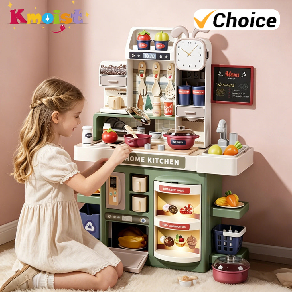 Children Kitchen Toys Set Simulated Tableware Kitchen Counter Play Set with Lights Spray DIY Toy for Girls Kids Birthday Gifts