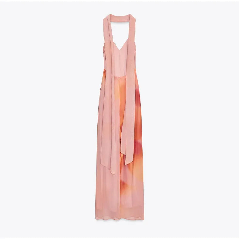 Elegant Tie Dye Printed Long Dress Women Ribbon V-neck Sleeveless Slim Sling Dresses 2025 Summer Lady Chic Beach Vacation Robes