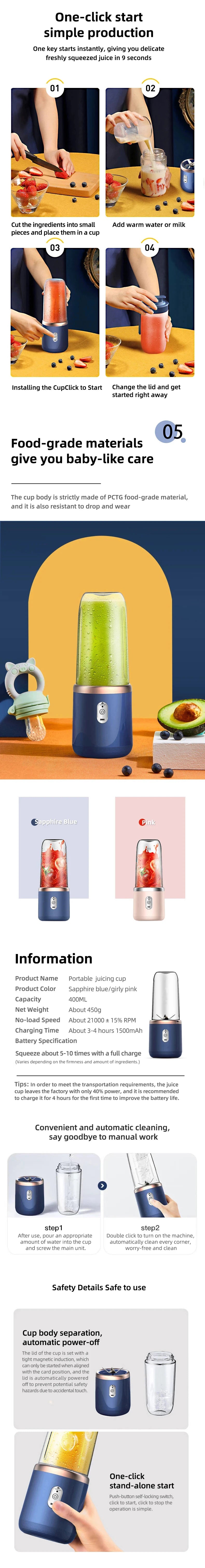 Handheld Usb Personal Mini Juicer Cup Portable Juicer Blender for Travel Water Bottles with Single or Double Cups